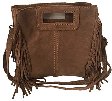 DHDB-Sac à Main Femmes Cuir Véritable Façon Daim à Franges Bandoulière Porté Epaule Italien Alba-Taupe