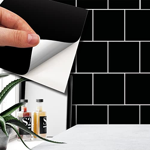 WALPLUS 15cm(6)@24pcs Colour Block Tile Sticker Royal Black Wall Tile Sticker Tile Paint Stick on Tiles Peel and Stick Self Adhesive Wall Tiles Stickers for Kitchen Bathroom Tile Transfer Backsplash