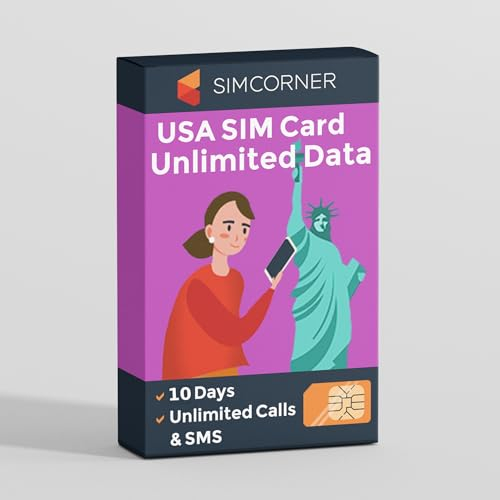 SimCorner Tarjeta SIM de Viaje de Estados Unidos - Datos 5G/4G, 10 Días - 3 en 1: Estándar, Micro, Nano - Llamadas y SMS Ilimitados a Móviles y Fijos de EE. UU., Hawaii