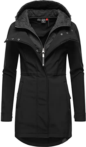Ragwear Damen Softshellmantel lange Übergangsjacke Outdoormantel mit Kapuze Ybela Black22 Gr. XL
