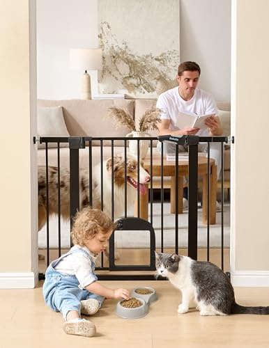 Babelio Upgraded Baby Gate with Cat Door, Auto Close Durable Dog Gate for Stairs, Doorways and House, Easy Walk Thru Safety Gate with Pet Door Includes 4 Wall Cups, 29-48 Wide, 30 Tall, Black