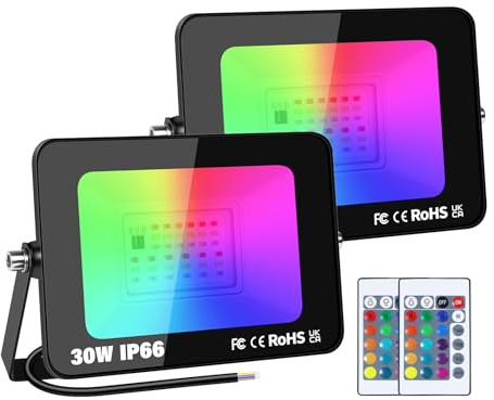 PICAA LED Floodlight Outdoor Security Light,2X 30W RGB with Remote Control