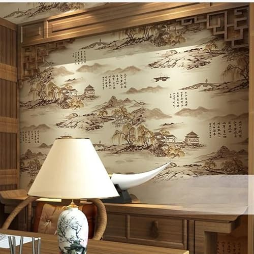 SAIMEYI Papel pintado de PVC estilo de pintura en tinta china 0,53 M X 10 M = 5,3 M²/rollo. Papel pintado negro blanco amarillo para estudio,sala de estar cocinas, baños, cafés,hotel. Papel pintado 3D