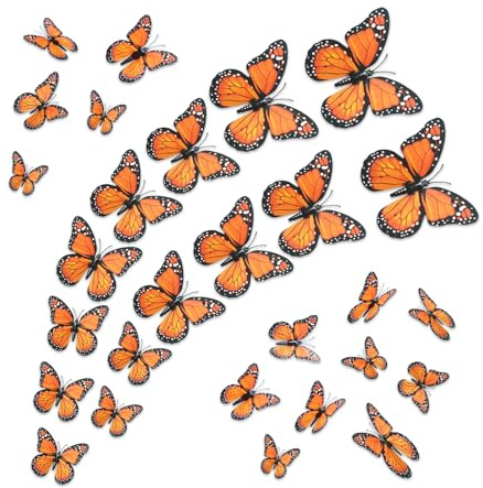 HSONAIGEE 32 Monarch Butterfly Decor, Assorted 4 Sizes 3D Halloween Butterfly Wall Decal for Crafts Dia De Los Muertos Decoration Ofrenda for Altar Wall Table Bedroom Decorations