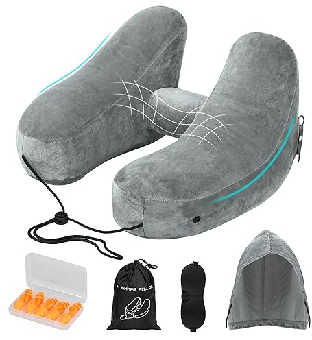 Almohada de Viaje Hinchable, Cojin Cervical Inflable Viaje de Cuello, Almohada Avion con Cubierta Suave de Terciopelo, Sombrero, Cordón Máscara de Ojos y Tapones para los Oídos para Coche (Gris)