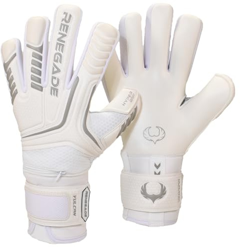 Renegade GK Vulcan Whiteout Goalie Gloves with Finger Savers | 3.5+3mm Hyper Grip & 4mm Duratek | White Soccer Goalkeeper Gloves (Size 8, Youth-Adult, Roll Cut, Level 3)
