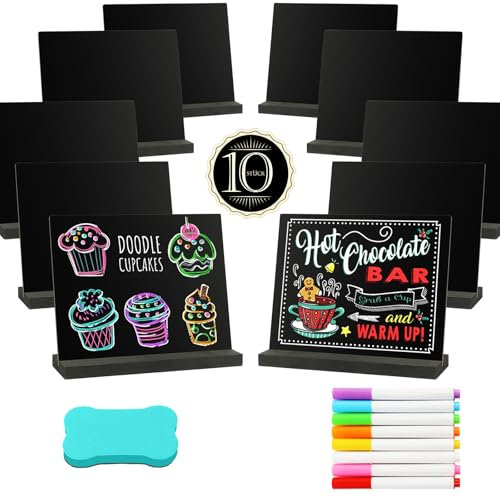 COKACA 10 Stück Schiefertafel zum Beschriften Kreidetafel, Tafel Holzschilder mit 8 Stifte, Kreidetafel mit Ständer geeignet für Hochzeiten, Bars, Partys, Bäckereien, Tischkarten, Buffet Schilder