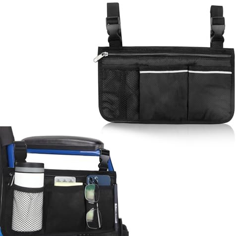 Rollstuhltasche, Rollstuhl Zubehör Tragbare Armlehne Rollstuhl Tasche mit 3 Fächern Becherhalterung und Reflektierendem Streifen Aufbewahrungstasche für Rollstühle Kinderwagen Schwarz
