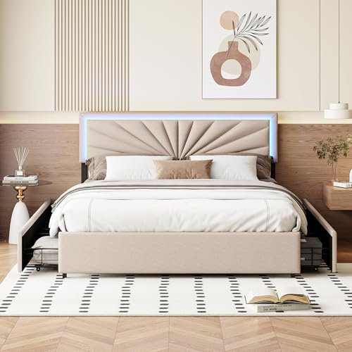 Henunem Polsterbett Doppelbett 140x200 cm, LED Bett mit 4 Stauraum Schubladen und Lattenrost aus Holz, Jugendbett,Stauraumbett Bettgestell mit Metallrahmen, Leinen-Material