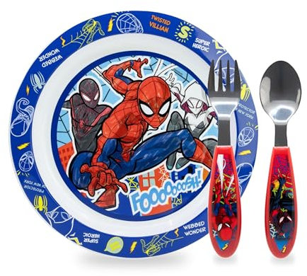 Sorrisini Vaisselle Réutilisable Spiderman, Set de 3 Pièces pour le sevrage des Enfants, Assiettes et Couverts en Acier Inoxydable, Vaisselle en Plastique Réutilisable et micro-ondable, sans BPA