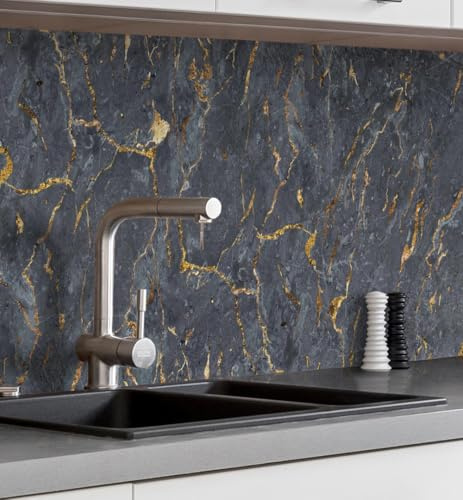 MyMaxxi Küchenrückwand selbstklebend - Matte, versteifte Spritzschutz Folie als günstige Alternative zu Glas, einfache Montage & leichte Reinigung - 60 cm hoch - Motiv: Marmor schwarz 340 x 60 cm