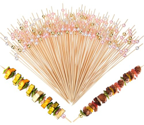 LOYIM 100 Pcs 8 Inch Long Cocktail Picks Fancy Toothpick for Appetizer Bamboo Cocktail Stick for Fruit Drink Dessert Barbecue Charcuterie Pearl Skewer for Wedding Birthday Baby Shower Party (Colorful)