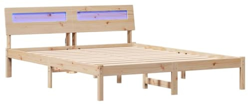 vidaXL Plattformssängram i brunt 140 x 200 cm av solid furu med matt finish. Den har en huvudgavel och LED-belysning med USB-anslutning. Enkel att montera och passar för två personer. Ingen sängbotten