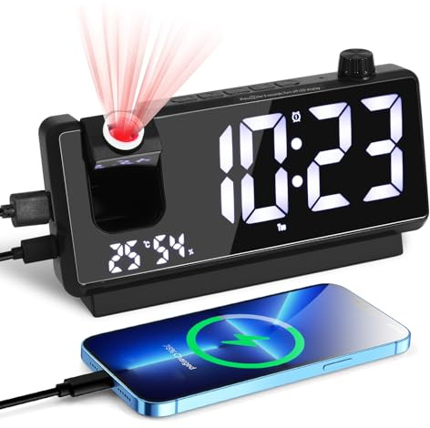 Despertador de Proyección, 7.5 Pulgadas 3 Niveles de Brillo de Pantalla Reloj Despertador Digital con Proyección de Temperatura y Humedad, Alarma Dual, Repetición de Alarma 12/24H