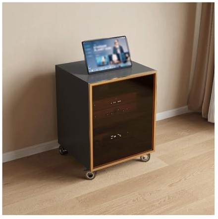Modernt HIFI-stativ med 2 nivåer – snyggt AV-ställ med glasdörrar och justerbara hyllor för vardagsrum – trästereo (grå)