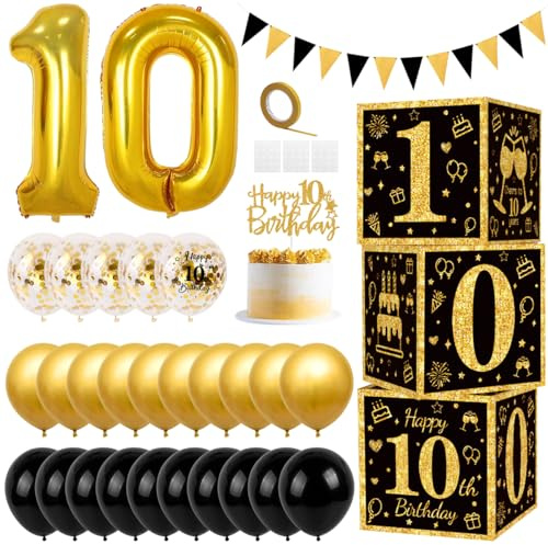 Ballon Noir Or Anniversaire, 10 ans Anniversaire Ballon deco avec Boîtes de Numérotées, Décorations pour Gâteaux, Bannières Triangulaires, Ballon en Aluminium Noir et Or de 10 Ans