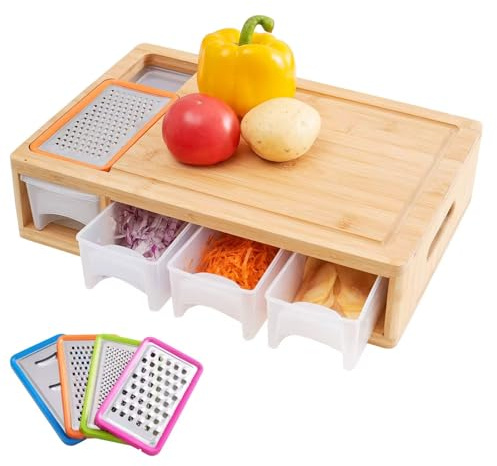 Bamboo Cutting Board with Storage Trays and Graters