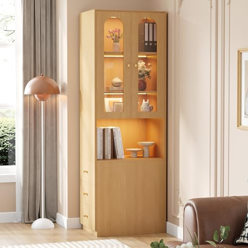 DACHETOU Armario alto estrecho con cajones laterales, 60 × 40 × 200 cm, aspecto de madera, con vitrina de cristal templado, montaje reversible, color roble