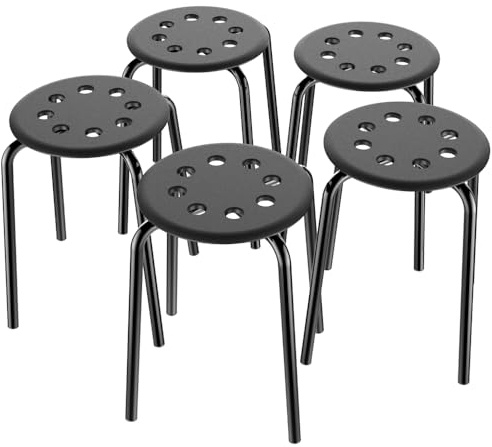 Topeakmart Set of 5 Commercial Plastic Stackable Stools Round Top Backless Stool Metal Leg 17.3in Height Black
