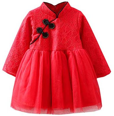 Mud Kingdom Toddler Girls Floral Dress Long Sleeve Lace Dresses for Girl Tuttle Traditional Style Chinese New Year Slant Red 2 Years