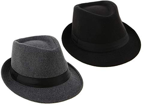 2pcs Fedora Feutre Unisexe Chapeau Gangster Gris