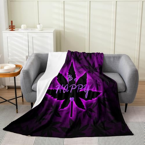 Cannabis Leaf Throw Blanket Purple Weed Bed Blanket for Kids Boys Room Decor,Marijuana Weed Fleece Blanket Solid Color Cozy Fuzzy Blanket, Twin Size (60 x 80 Inches)