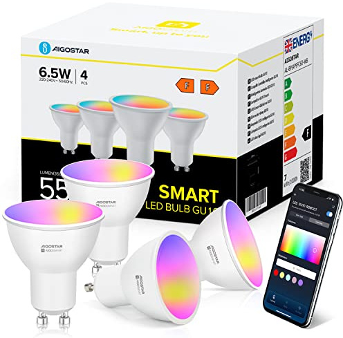 Aigostar Alexa Glühbirnen GU10 SL2 Smart LED Lampe 6.5W Wlan Glühbirne LED RGBCW 2700-6500K Dimmbare, 26 Szenenmodus, App-steuerung, Kompatibel mit Alexa/Google Home, Kein Hub notwendig, 4 Stücke