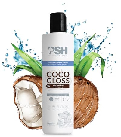 Shampoo PSH Coco Gloss - Shampooing Fruité à l'huile de Coco pour Chiens et Chats - Brillance Suprême et Hydratation - Idéal pour Les Peaux Sensibles - Adapté à Tous Types de Pelages - 300 ML