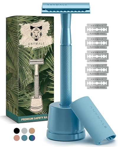 ANYMALE® Rasoio da uomo e da donna (Arctic Edition) con 5 lame di ricambio e supporto, rasoio a umido e rasoio Zero Waste, in metallo con 5 lame, rasoio da uomo e rasoio a lama, Safety Razor