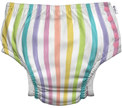 i play. by green sprouts Reusable, Eco Snap Swim Diaper with Gussets, UPF 50, Patented Design, STANDARD 100 by OEKO-TEX Certified - Rainbow Stripe - 12 mo