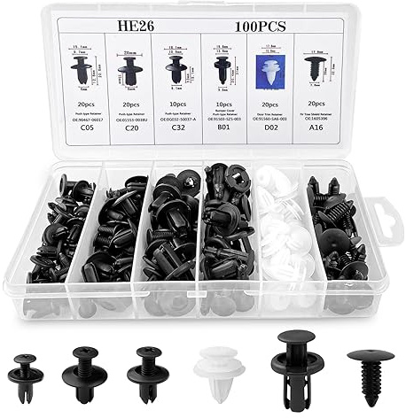 Fousenuk 100 Pièces Clips Voiture Universel, 6 Taille Clips de Fixation Voiture Outils, Rivet Plastique, Agrafes Carrosserie pour Pare-Chocs Porte de Voiture Fender Push Kit de Remplacement