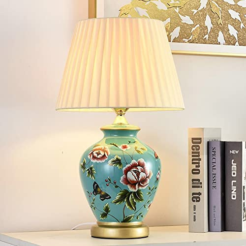 HvKvHvY Lampe Table Vintage Céramique - Chevet Salon, Chambre à Coucher, Lecture en Tissu Blanc - Moderne E27 - Nuit
