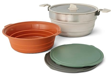 SEA TO SUMMIT - Detour Essentials Camp Kitchen Kit - 2-4 persone, 4 pezzi - Pentola pieghevole da 5 l e colino + coperchio + 2 taglieri - Senza BPA - Pentole da campeggio in silicone e acciaio inox -