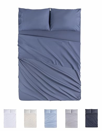 Todocama Juego de Sábanas de 4 Piezas - 4002 - Sábana Bajera Ajustable - Encimera - Dos Fundas de Almohada de 50x80cm (Cama 105x190/200 cm, Azul Grisáceo)