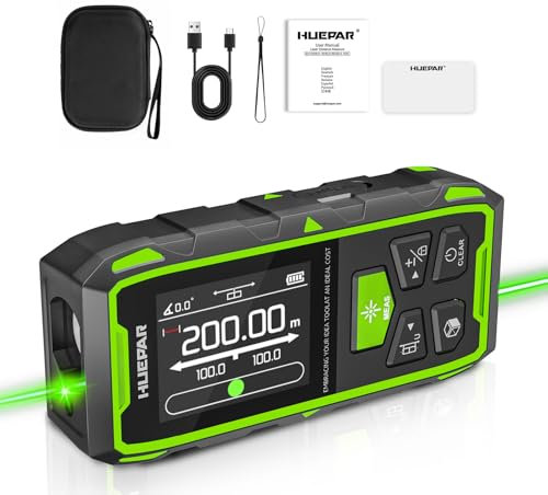 Dual Laser Entfernungsmesser, Huepar 200M Grün Laser Messgerät Entfernungsmesser mit Laser, hintergrundbeleuchtetem LCD, Messung von Entfernung, Fläche und Volumen und pythagoreischem Modus