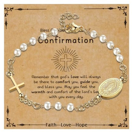 Flongo Katholisches Rosenkranz Armband für Damen : Frei Karte „Confirmation“ Religiöses Armkette mit Kreuz Anhänger Weiß Gold Perlen Jungfrau Maria Edelstahl Gebet Glaube Schutz Virgin Mary
