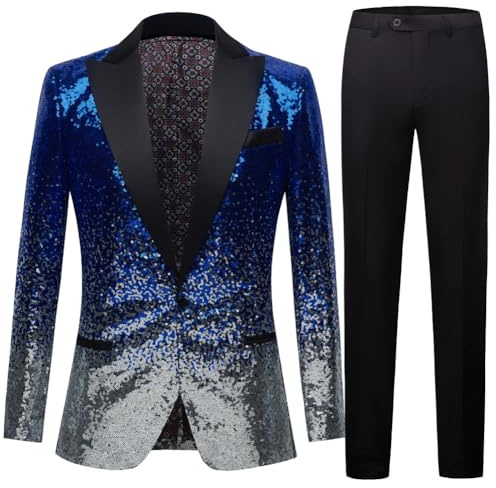 Niiyyjj Set da uomo elegante bicolore con paillettes blazer e pantaloni neri, per feste, balli di fine anno, palcoscenico, DJ, cantanti, Blu, XXL