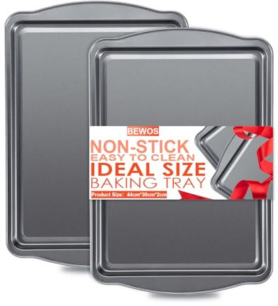 BEWOS 2-Piece Carbon Steel Baking Tray with Handle, 44 x 30 x 2cm, Baking Trays for Oven Non - Stick, Large Baking Trays for Oven, Dishwasher Safe & Easy to Clean, Oven Tray Set for Baking/Cooking