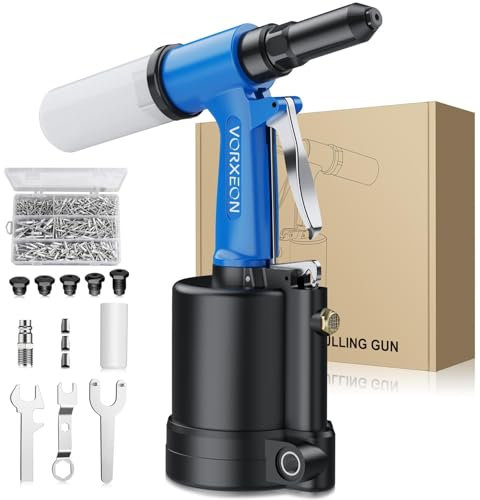 VORXEON Pneumatic Rivet Gun Set 5 Sizes (2.4mm/3/32- 6.4mm/1/4), 1780KGF Pulling Force, 500PC Aluminum Rivets Air Riveter Ideal for DIY, Garage, and Automotive Use