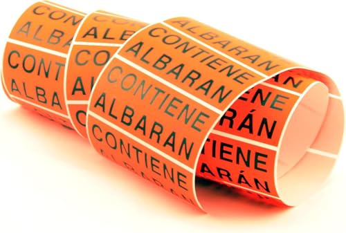 Etiquetas Adhesivas 'Contiene Albarán', 94 x 38 mm, Rollo de 1000 Unidades, Naranja Fluorescente