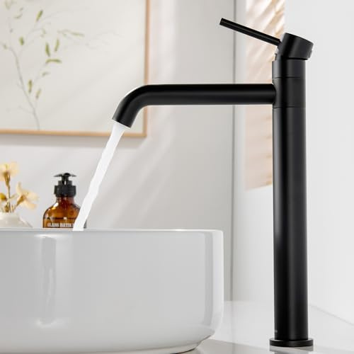 Kelleria Waschtischarmatur Hoch, 360°Drehbarer Wasserhahn Bad, Hoher Auslauf Mischbatterie für Aufsatzwaschbecken, Einhebel Armatur Badezimmer, Schwarz