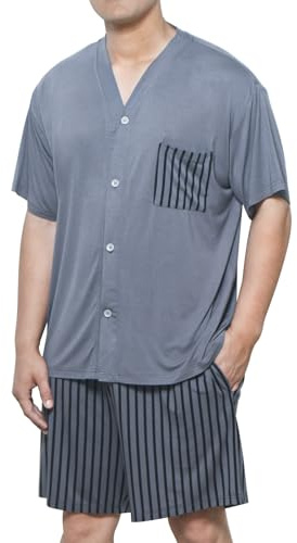 Donfri Pigiama da uomo in modal con pantaloncini e maglietta da uomo, morbido abbigliamento da casa con scollo a V con chiusura a bottoni, abbigliamento estivo da notte, Grigio scuro, L