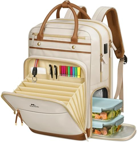 MATEIN Laptop Rucksack Damen 15,6 Zoll mit Abnehmbar Kühlfach, Lehrer Rucksack Damen mit USB Ladeanschluss Dokumentenmappe A5, Schulrucksack Teenager Arbeitsrucksack 2 in 1 für Uni Schule, Büro, Beige