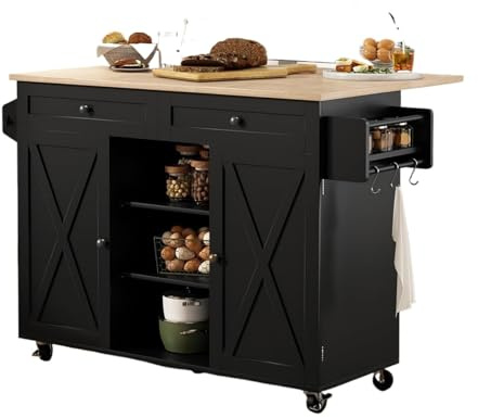 carrito de cocina Isla de cocina con ruedas, carro rodante for isla de cocina con encimera de hojas abatibles, mesa con isla de cocina con puerta de granero y almacenamiento con ruedas(Negro)