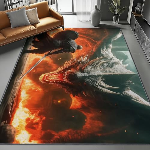 Teppich Wohnzimmer 60 X 90 cm Drache Ritter Im Fantasy-Stil, Kurzflor Teppich Für Wohnzimmer, Schlafzimmer & Flur, rutschfest, Wasserabweisend, Maschinenwaschbar, Rot Grau