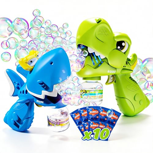 JOI MEW Bubble Gun 2 Pack for Kids, Dino & Shark Bubble Machine Toys, High Output Automatic Bubble Blaster with LED Lights & 10 Refills, Rechargeable Easter Birthday Outdoor Party Gifts for Ages 3-8