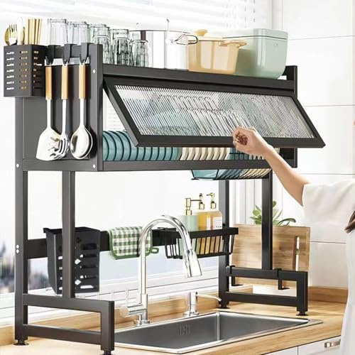 Liwankaqi Almacenamiento para fregadero, estante con puerta, soporte para cuchillos y 6 ganchos, 85 x 31 x 79,5 cm, color negro