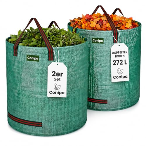 2 sacchi da giardino da 272 l, extra robusti con doppio fondo, autoportanti e pieghevoli, 4 manici rinforzati, robusto sacco per rifiuti da giardino per foglie, erba e siepi, tessuto in polipropilene