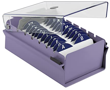 Acrimet Visitenkartenbox, Visitenkartenetui aus widerstandsfähigem Metall (Einschließlich Leitregister aus Karton A - Z mit 95mm breite x 68mm höhe) (Lila Farbe mit Kristallklarer Kunststoffdeckel)