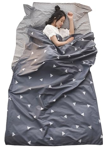 TRIWONDER Sacco Lenzuolo da Viaggio e Casa, Sacco Coprimaterasso in Cotone per Sacco a Pelo, Singolo/Matrimoniale, per Campeggio Hotel Treno (Grigio, L - 180 x 230 cm)